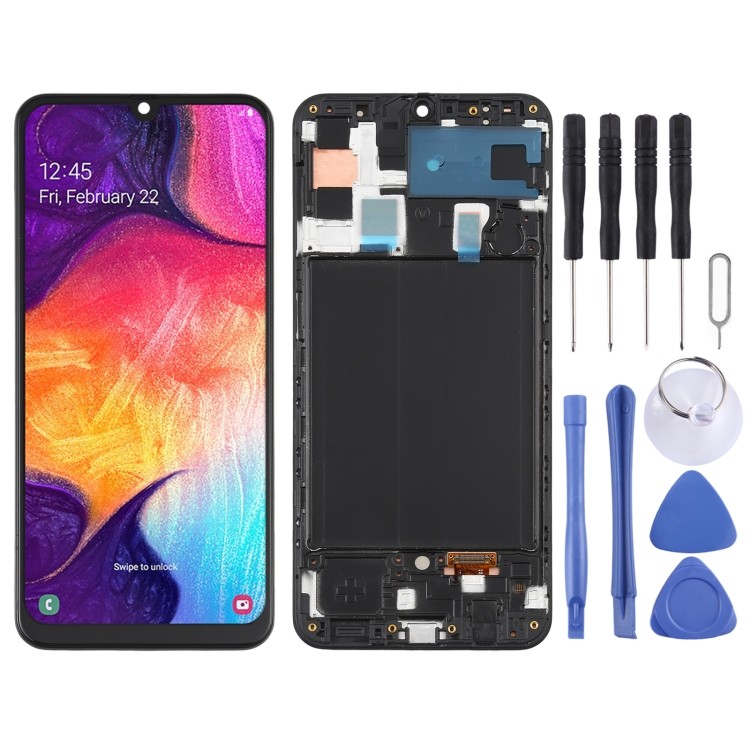 โรงงานขายตรงหน้าจอ LCD Super AMOLED สําหรับ Galaxy A50 Digitizer ประกอบเต็มรูปแบบพร้อมกรอบ (สีดํา)