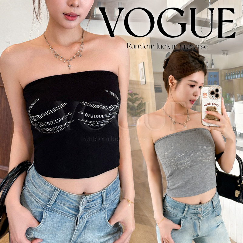 Vogue🌟พร้อมส่ง🌟 เสื้อเกาะอก ดีเทลลายมือกะโลก เซ็กซี่เสริมฟองน้ำ เข้ารูปใส่สบาย (FY3616#1)