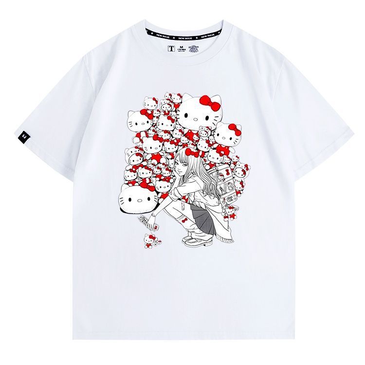 Cod Junji Ito X Sanrio Tomie hellokitty Co-Branded เสื้อยืดแขนสั้นฤดูร้อนผู้ชายผ้าฝ้ายแท้ cos Pain เ