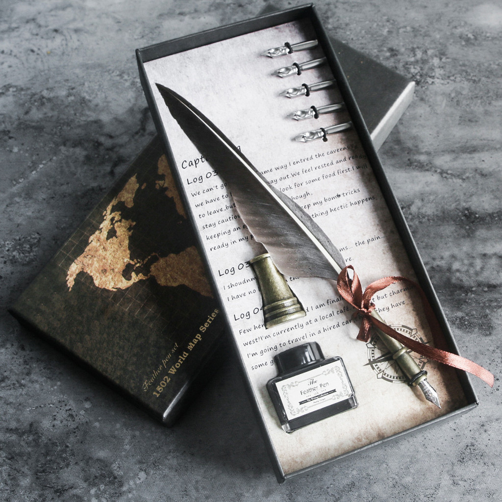 European-style vintage copper quill pen, maple leaf dip pen, map gift box, quill pen, graduation bir