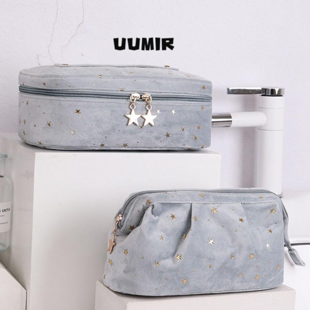 UUMIR กระเป๋าเครื่องสําอางสําหรับเดินทาง,ความจุขนาดใหญ่ Bronzing Stars กระเป๋าแป้งผู้หญิง,แบบพกพา Cubic Shell Shape วัสดุกํามะหยี่แต่งหน้า Desktop Storage