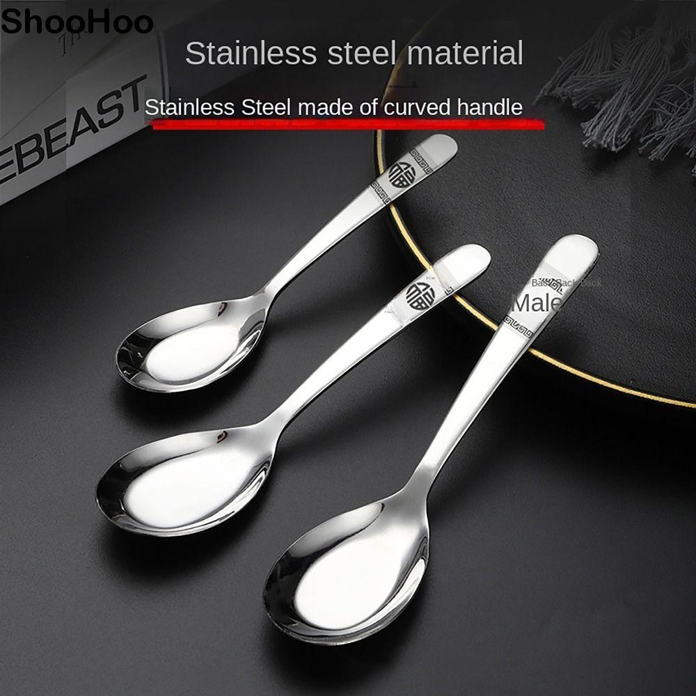 SHOOHOO ช้อนซุป, สแตนเลส FU ตัวอักษรกวนช้อน, Creative โค้งจับเครื่องล้างจานบนโต๊ะอาหาร S/M/L ช้อนขนมสําหรับครัวเครื่องมือ