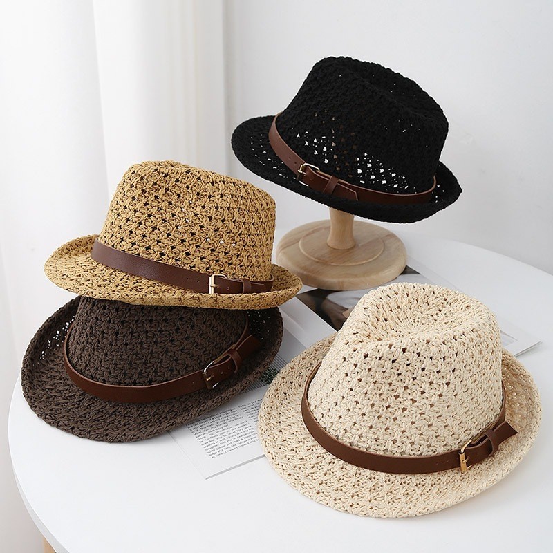 Spot Goods#Spring and summer small fedora hat, British style, high-quality hollowed-out straw hat fo