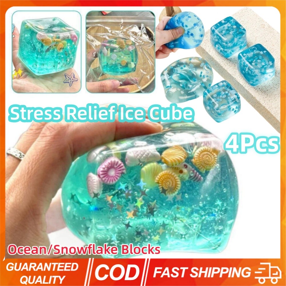 4PCS Squishy Ocean/Snowflake บล็อกความเครียดบรรเทา Ice Cube โปร่งใสนุ่ม Maltose Water Ball ของขวัญ Sensory ของเล่นสําหรับออทิสติกความเครียดความวิตกกังวลบรรเทา Fidget ของเล่น