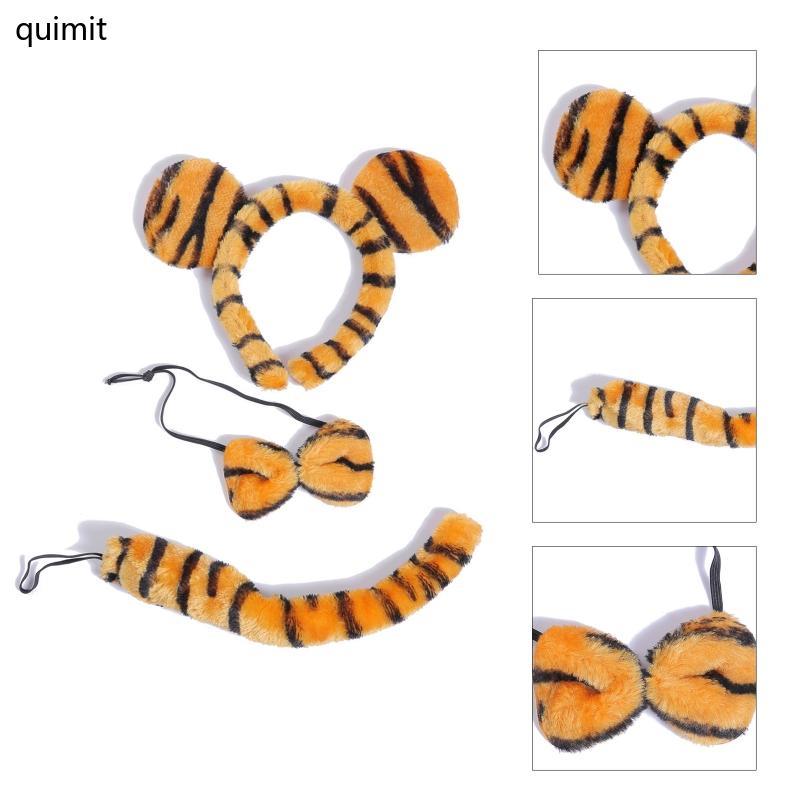 QUIM 3PCS การ์ตูนเสือพลาสติก พร้อมหูฟัง หาง และเนคไทคล้องคอ อุปกรณ์คอสเพลย์น่ารัก