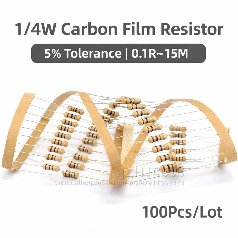 100PCS 1/4W Carbon Film Resistor 5% 0.25W 0R-22M 0 2.2 10 100 120 150 220 270 330 470 1K 2.2K 4.7K 1