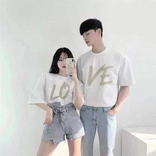 (ผ้าฝ้าย100%)XJFX เสื้อยืดลาย เสื้อยืดคู่รัก LOVE ทรงใหม่ล่าสุด สีแดง เสื้อยืดคู่รัก unisex