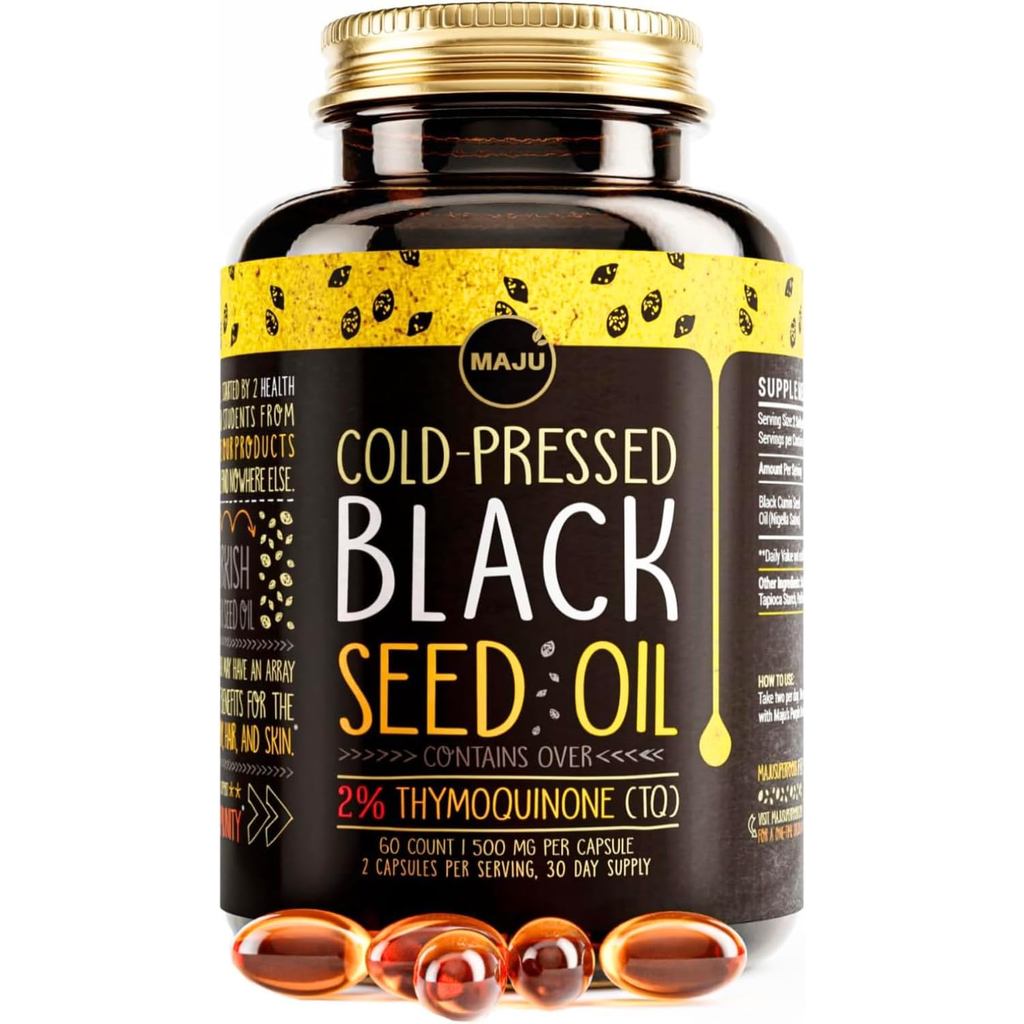 Maju Superfoods Black Seed Oil Capsules-Cold Pressed, 2% Thyme, 100% ตุรกี Black Cumin Nigella Alfal
