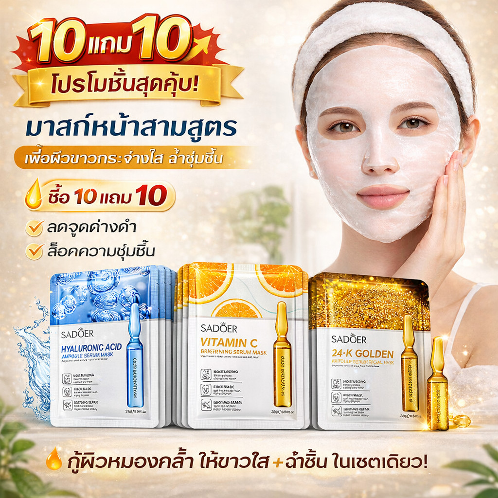 🔥ซื้อ 10 แถม 10🔥มาส์กบำรุงผิวแบบแอมพูล มาร์กหน้า ไวท์เทนนิ่ง มาส์กหน้าคอลลาเจน กรดไฮยาลูโรนิก วิตามินซี ส่งจากประเทศไทย