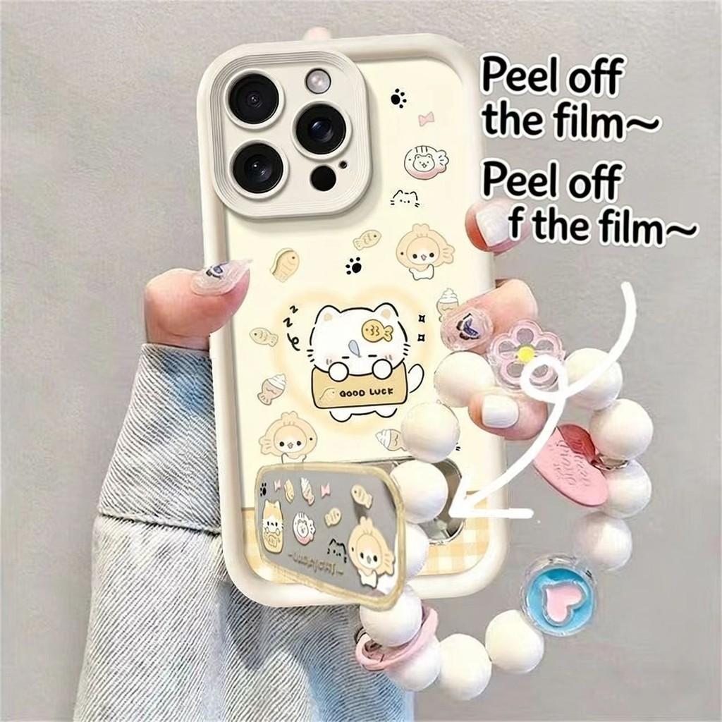 แมวน่ารักกระจกผู้ถือเคสโทรศัพท์พร้อมสายคล้องสําหรับ OPPO Reno 15 Pro Max 14F 13F 12F 11F 10 8T 7Z 8Z 6Z 5 ปกอ่อน