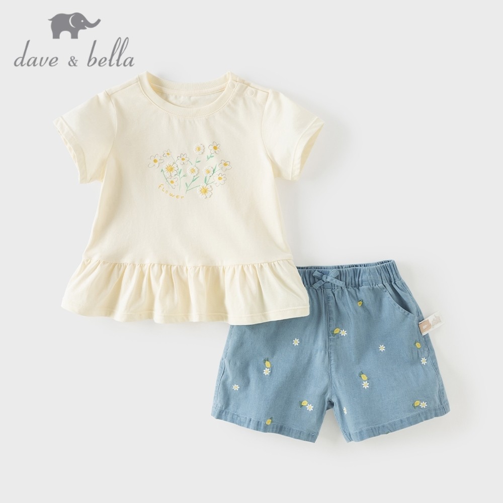 Dave Bella 6M-9Y ชุดเซ็ท เด็กหญิง cotton ลายดอกไม้ เสื้อยืด กางเกงาสั้นยีนส์ ฤดูร้อน DB2261492