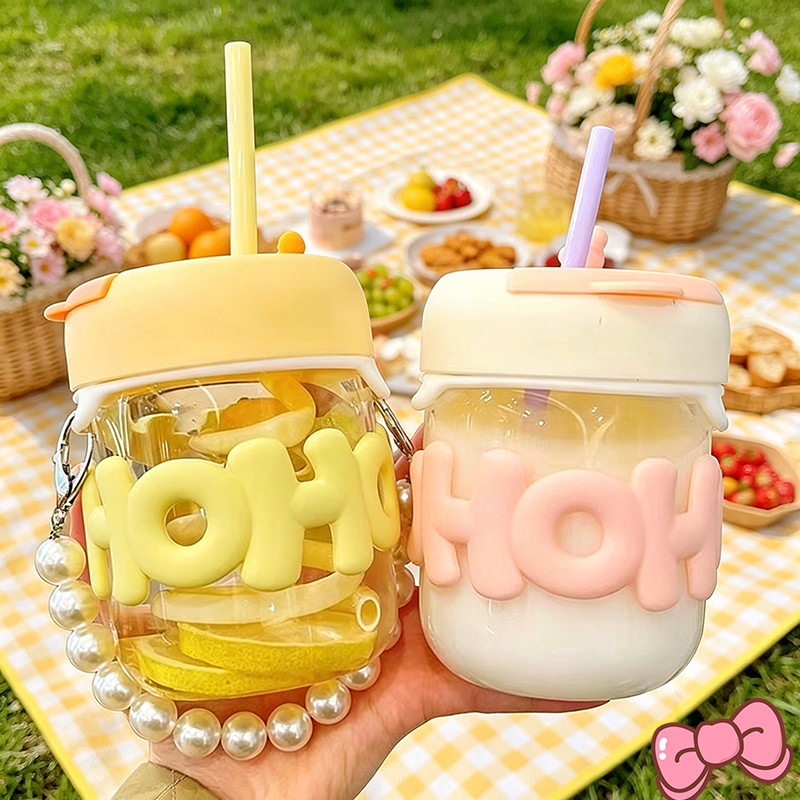 แก้วกาแฟ แก้วน้ำดื่ม ใส่น้ำ พร้อมหลอดแก้ว หูหิ้วสร้อยไข่มุก ฉนวนกันความร้อนโดยไม่ทำให้มือไหม้ แฟชั่น สีสันสดใส