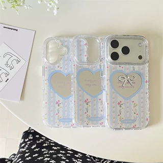 น่ารักหรูหราโบว์หัวใจกระจกเคสโทรศัพท์สําหรับiPhone 16 ProกรณีiPhone 15 17 16 Pro Max 17Promaxเกาหลีดอกไม้ที่มีสีสันกันกระแทกปกอ่อนFundas