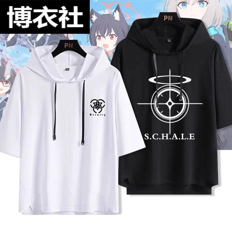 Blue Archive เสื้อยืดแขนสั้น Hooded สําหรับผู้ชายและผู้หญิงวัยรุ่นฤดูร้อนเสื้อยืดครึ่งแขน top-&-*