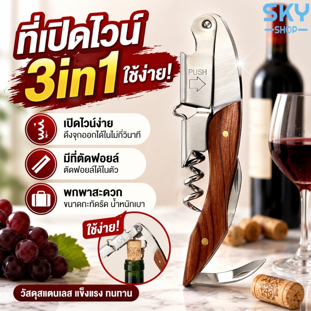 SKY ที่เปิดไวน์ 3in1 ด้ามไม้ พกพาสะดวก มีที่ตัดฟอยล์ เปิดง่าย แข็งแรง Wine Opener Corkscrew