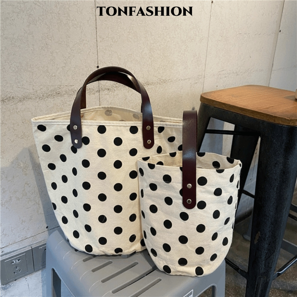 TONFASHION Bucket Bag, Wave Point Polka Dot กระเป๋าถือความจุขนาดใหญ่, Trend Versatile Casual Tote Bag Lunch Bag