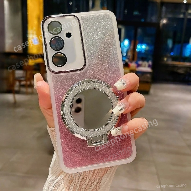 เคสโทรศัพท์สําหรับRealme C100 C100i 4G 5G 2026 Casing Make Up Mirrorขาตั้งแม่เหล็กGlitterซิลิโคนเลนส์Protectorปกหลัง