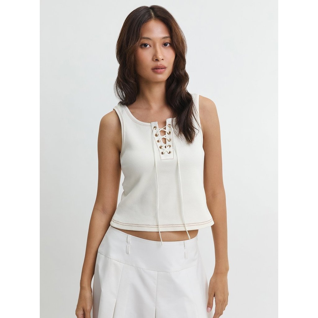 [Pomelo] เสื้อกล้ามผ้าถักลายริ้วผูกเชือก / Lace Up Ribbed Tank Top