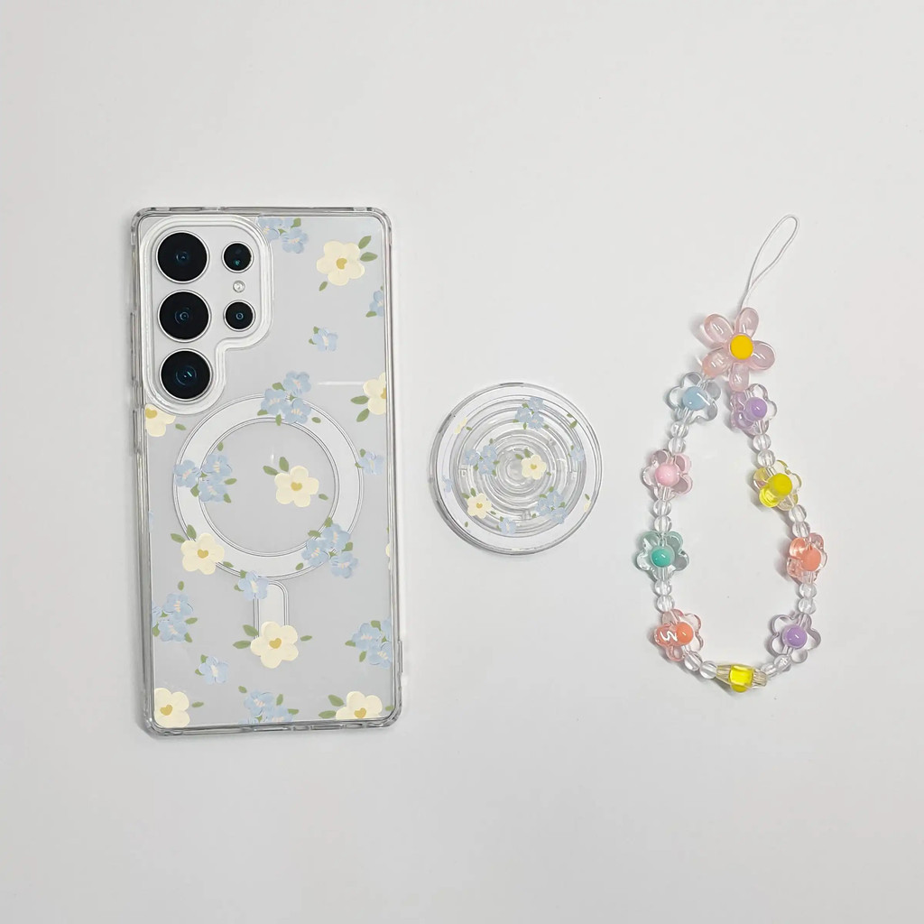สําหรับSamsung s26 Ultra S25 FE S25 Ultra Case S24 Ultra S24 FEน่ารักการ์ตูนแม่เหล็กS23 Hard Shell s22 S25 plusโปร่งใสสีฟ้า,สีขาว,สีชมพูดอกไม้