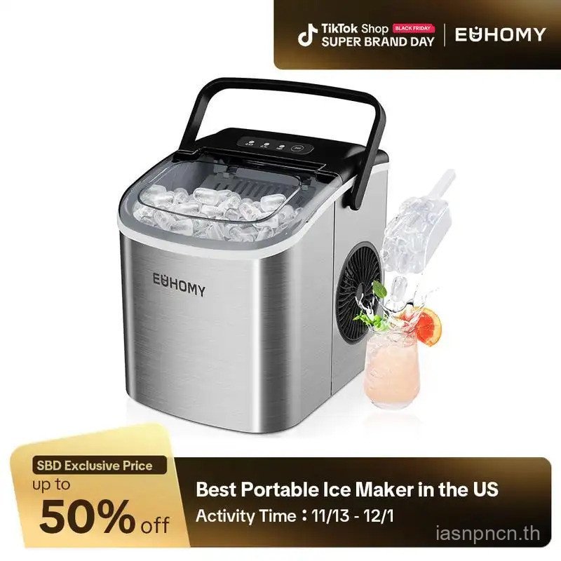 EUHOMY เครื่องทําน้ําแข็งเคาน์เตอร์มีด้ามจับ 26lbs ใน 24 ชม. ก้อนน้ําแข็ง 9 ก้อน พร้อมใน 6 นาที เครื