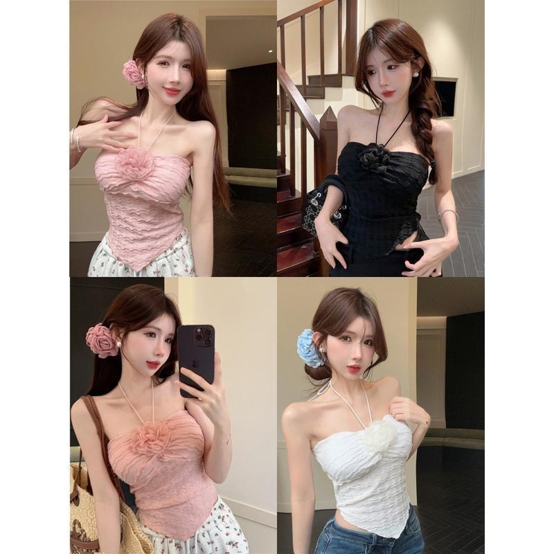 เสื้อกล้ามผู้หญิง มีซับใน ผูกเชือก มีเข็มกลัดดอกไม้แถม เสื้อครอป เสื้อชายหาด เสื้อเกาะอก สไตล์ลำลอง