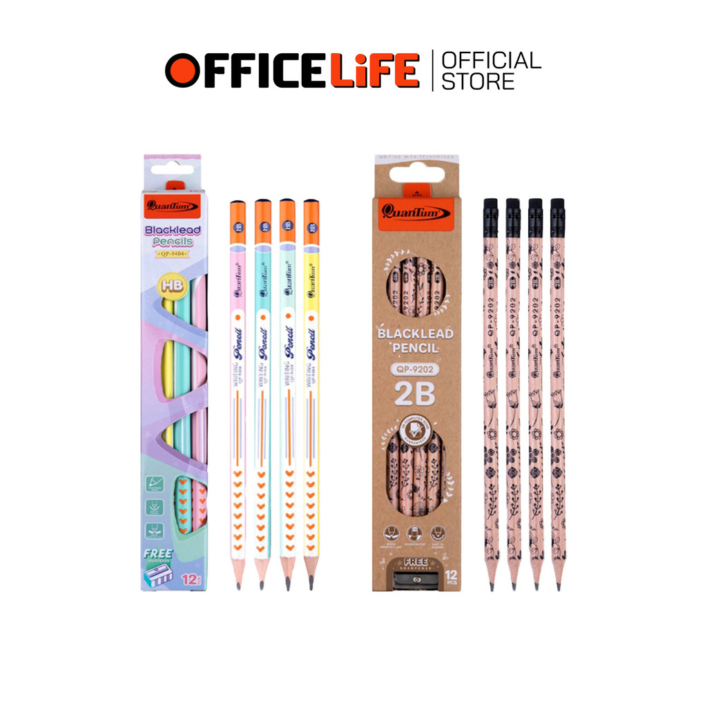 Quantum (ควอนตัม) ดินสอดำ เกรดพรีเมียม รุ่น QP-9404 / QP-9202 ความเข้ม HB / 2B + กบเหลาดินสอ (12 แท่