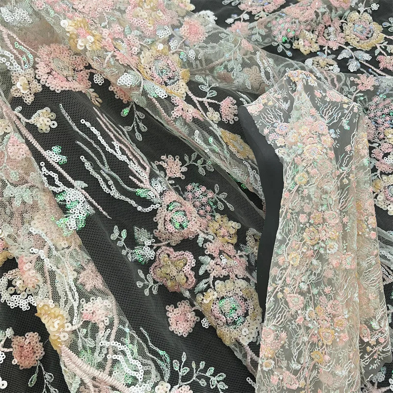 Mesh fabric, embroidered beaded sequined fabric, chiffon embroidered wedding dress fabric
