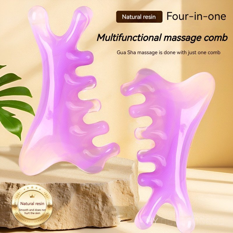 เรซินธรรมชาติ 4-in-1 หวีนวด & Gua Sha Board - Full Face Lifting Scalp Massage, Meridian Therapy เครื่องมือขูดสําหรับหัว, คอและร่างกายผ่อนคลาย, Anti-Aging Facial Beauty Stic