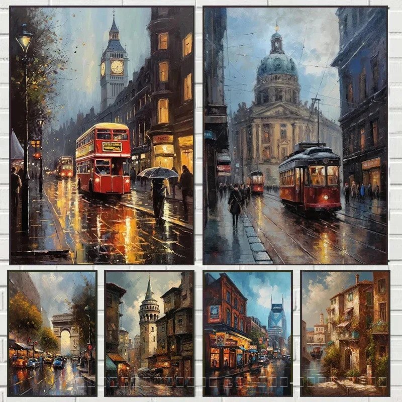 Vintage Cityscapes Style London Parisian ฝรั่งเศส Berlin เยอรมนีโปสเตอร์ผ้าใบพิมพ์ภูมิทัศน์ Wall Art