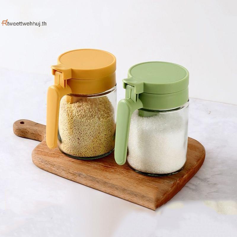 Tw ครัวในครัวเรือน Moisture-Proof Seasoning Jar เกลือคอนเทนเนอร์ 2 In 1 แก้วขวดเครื่องเทศช้อนแยกแก้วปรุงรสสามารถ huj