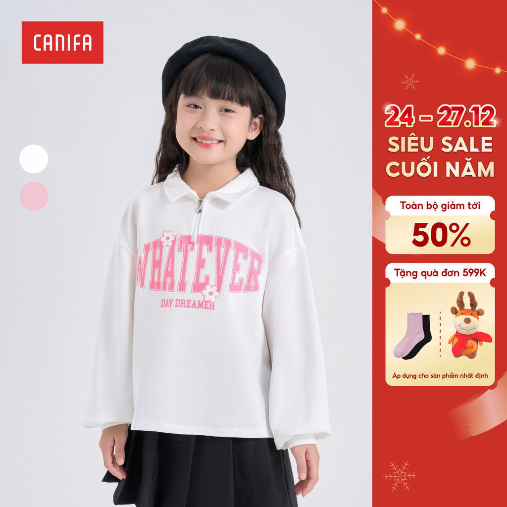 CANIFA เสื้อโปโลเด็กผู้หญิงพิมพ์ลายคอปกและแขนยาว 1TP24C002