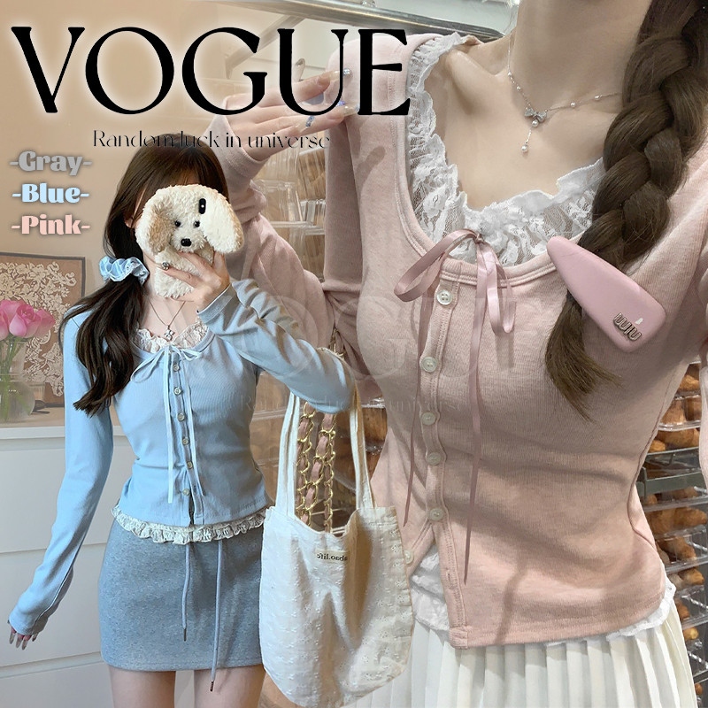 Vogue🌟พร้อมส่ง🌟 เสื้อแขนยาวคอกลม ผ้าร่องเล็กแต่งลูกไม้สีขาว ยืดพอดีตัว (FY7106)
