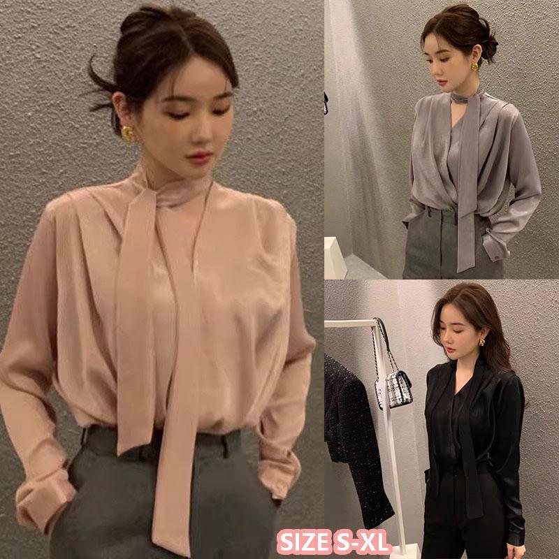 ohho#เสื้อเชิ้ตแขนยาวผ้าซาติน ริบบิ้น คอวี สไตล์ฝรั่งเศส 2025 แบบใหม่ เสื้อแฟชั่น รุ่น99238