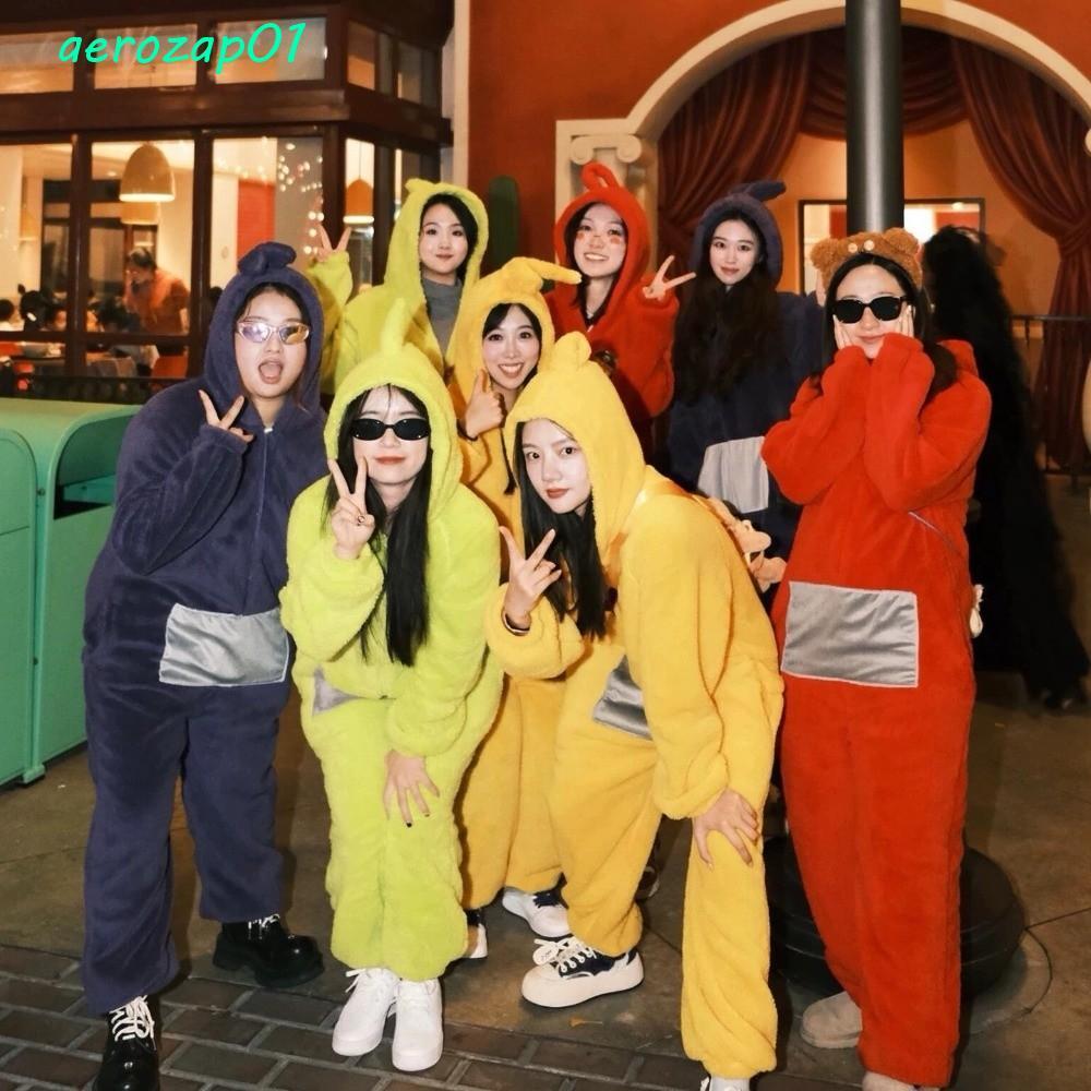 AEROZAP ชุดนอนคอสเพลย์ Teletubbies ขนแกะปะการัง Tinky Winky และ Sweet Hoodie Warm Laa-Laa