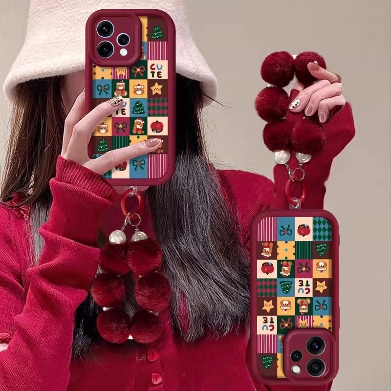 ปลอก OPPO Reno15 Pro Reno15 F OPPOReno 15 Pro 15F 5G เคสโทรศัพท์การ์ตูนน่ารักพร้อมลูกบอลตุ๊กตาสร้อยข้อมือมุกหมีคริสต์มาสป้องกันเลนส์ซิลิโคนกันกระแทกปกอ่อน