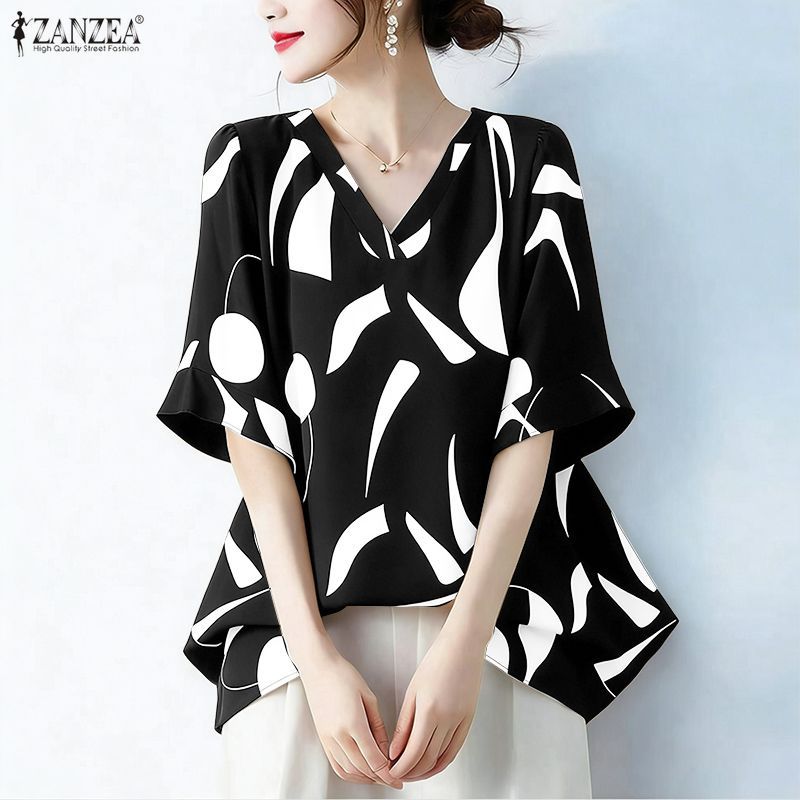 ZANZEA ผู้หญิงเกาหลี Elegant แฟชั่น Lady V คอ Ruffle แขนเรขาคณิตพิมพ์เสื้อชีฟอง — صورة 4