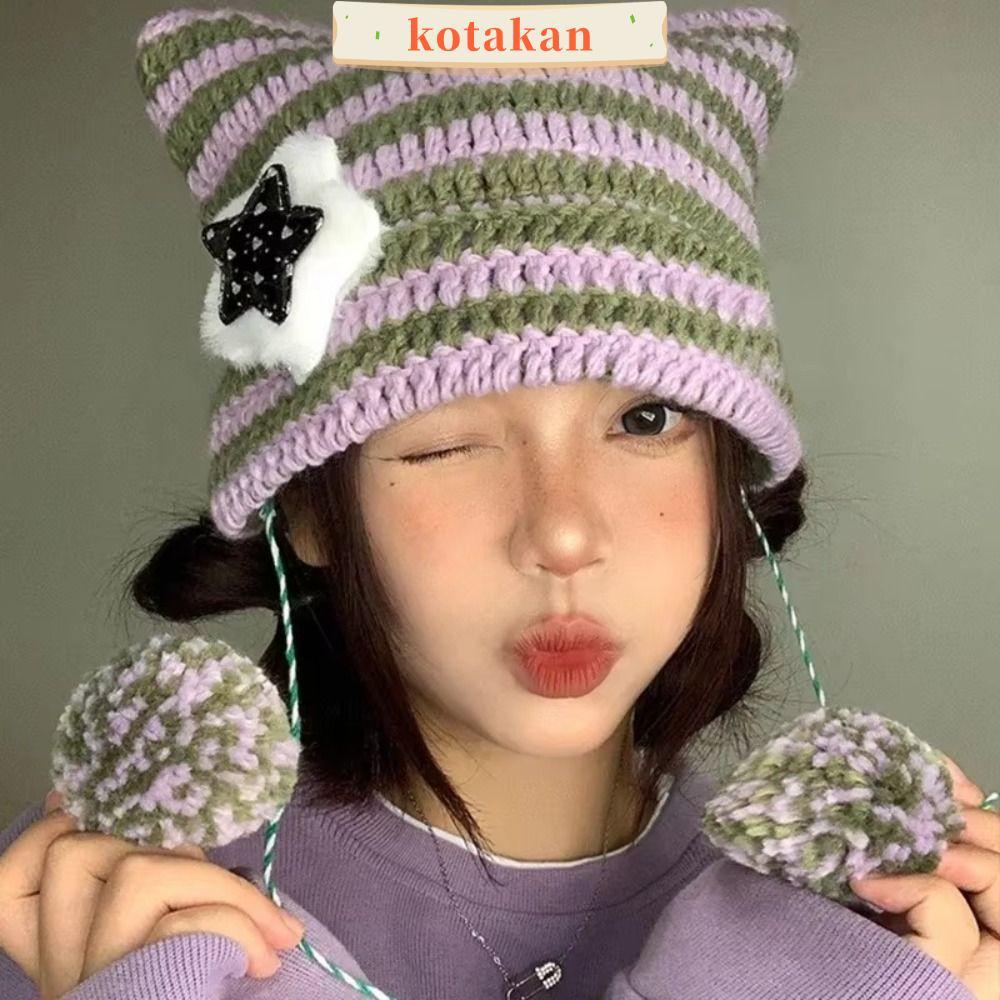 KOTAKAN1 หมวกปีศาจดาว, หมวกบีนนี่ Y2K ลายทางน่ารัก Y2K