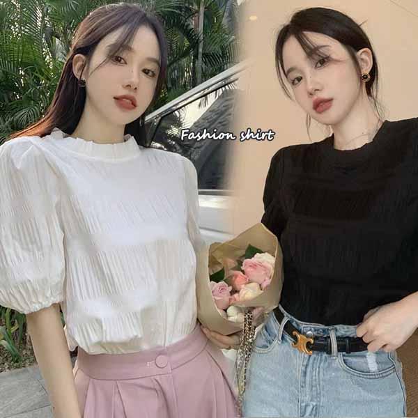 mimi&didi#เสื้อเชิ้ตคอกลมสีขาว เสื้อชีฟอง สไตล์ยุโรป แขนพัฟฝรั่งเศส สำหรับผู้หญิง แขนสั้น แฟชั่น สีดำ เรียบหรู#W695