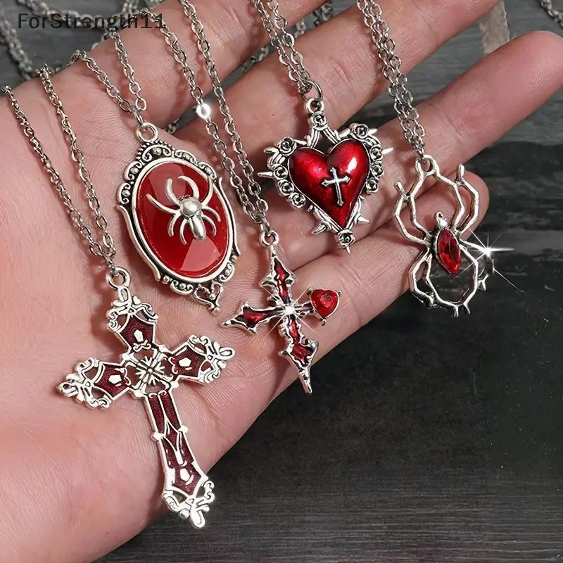 FO 5 ชิ้นสร้อยคอโกธิคชุดสําหรับผู้หญิงเครื่องประดับฮาโลวีนหัวใจค้างคาวแมงมุมข้ามจี้เสื้อกันหนาวโซ่อิ