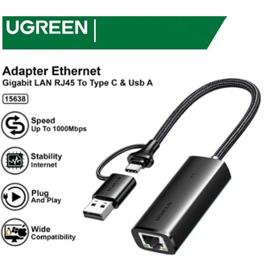 UGREEN 15638 USB Type-C To Lan RJ45 Ethernet Adapter 100Mbps-1000Mbps