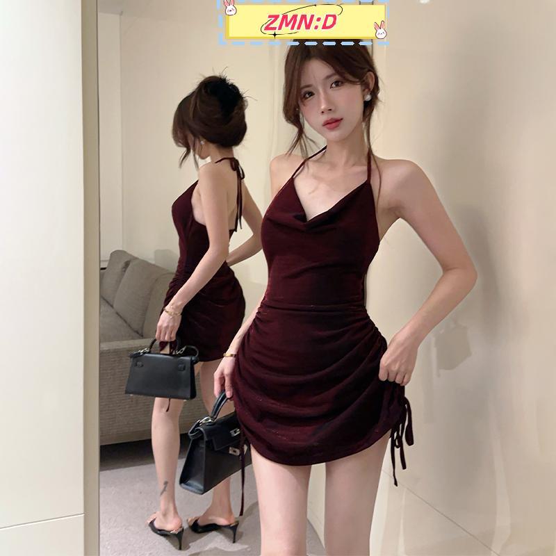 ZMN:D ผู้หญิง Drawstring เอว Halter Suspender V คอเซ็กซี่ Party Backless ชุด RRT