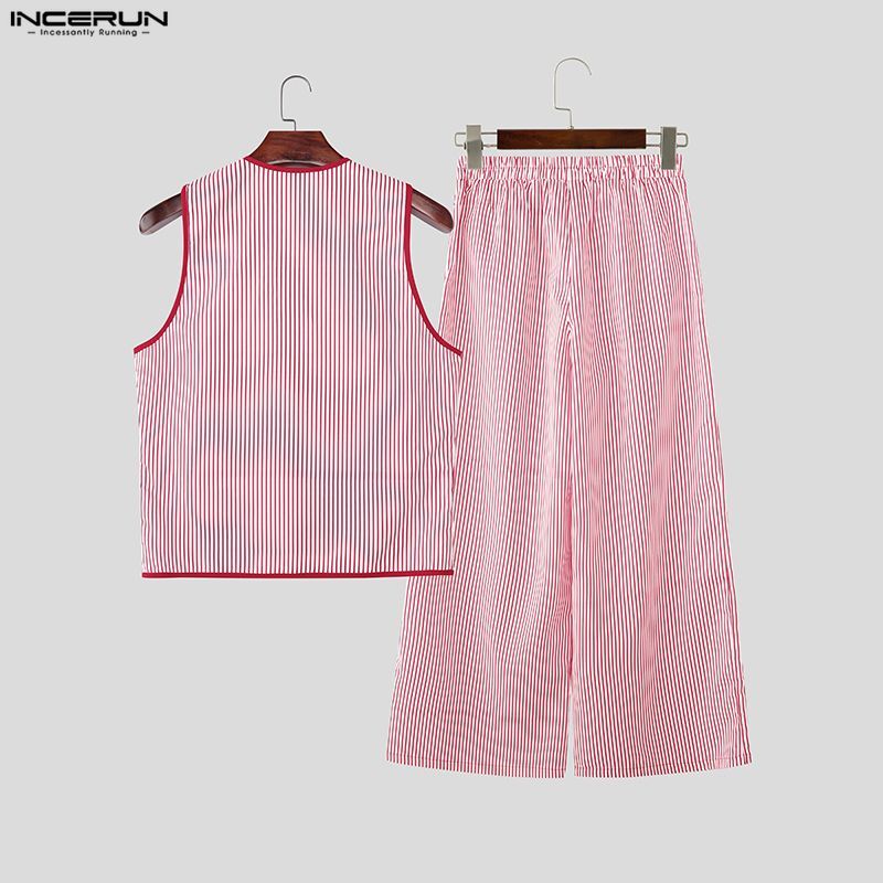 INCERUN Men Vintage Retro Casual V คอ Tie-Up Design แขนกุดบล็อกสีขากว้างชุดสูทสองชิ้น - รูปที่ 6