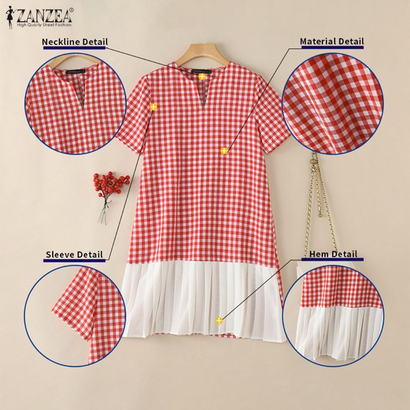 ZANZEA กระโปรง A-line สไตล์เกาหลีเรโทร chic ลายตารางเช็กเกอร์ แขนสั้น pleating splicing — صورة 7