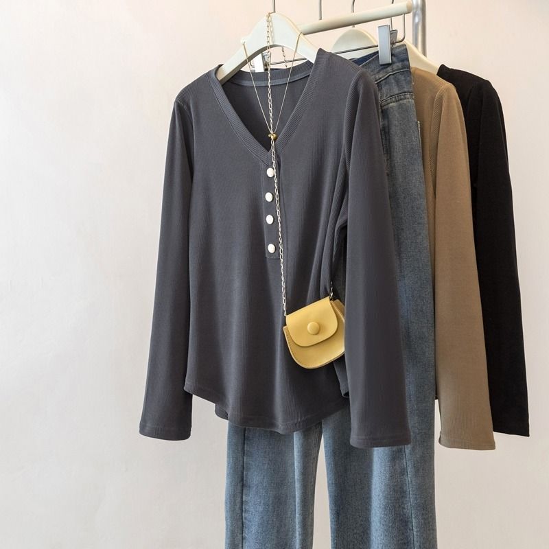 Cod 150 กก. Plus ขนาดเสื้อผ้าผู้หญิงไขมัน mmV คอแขนยาวเสื้อยืดผู้หญิงฤดูใบไม้ร่วงฤดูหนาว Slimmer ดูฝ