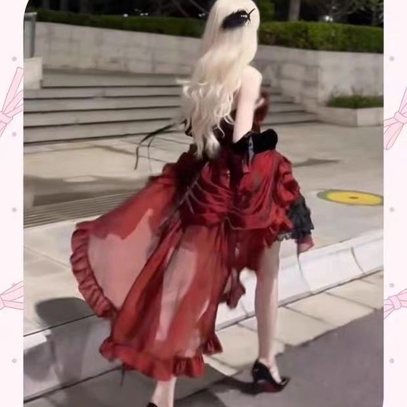 哥特风玫瑰星云红Lolita晚礼服女生日礼拖尾洛丽塔公主裙4.6Gothic Rose Nebula Red Lolita Even Dress for Girls Birthday Party wi