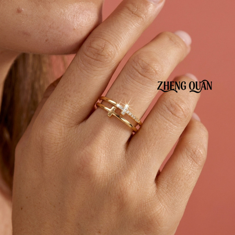 Cubic Zirconia & Gold CopperTrendy Double Layer Cross Ring Stacked Illusion Openwork Pave CZ Wide Band ราคา ถูกที่สุด ดีลบีเคเค แกลเลอรีภาพที่ 3