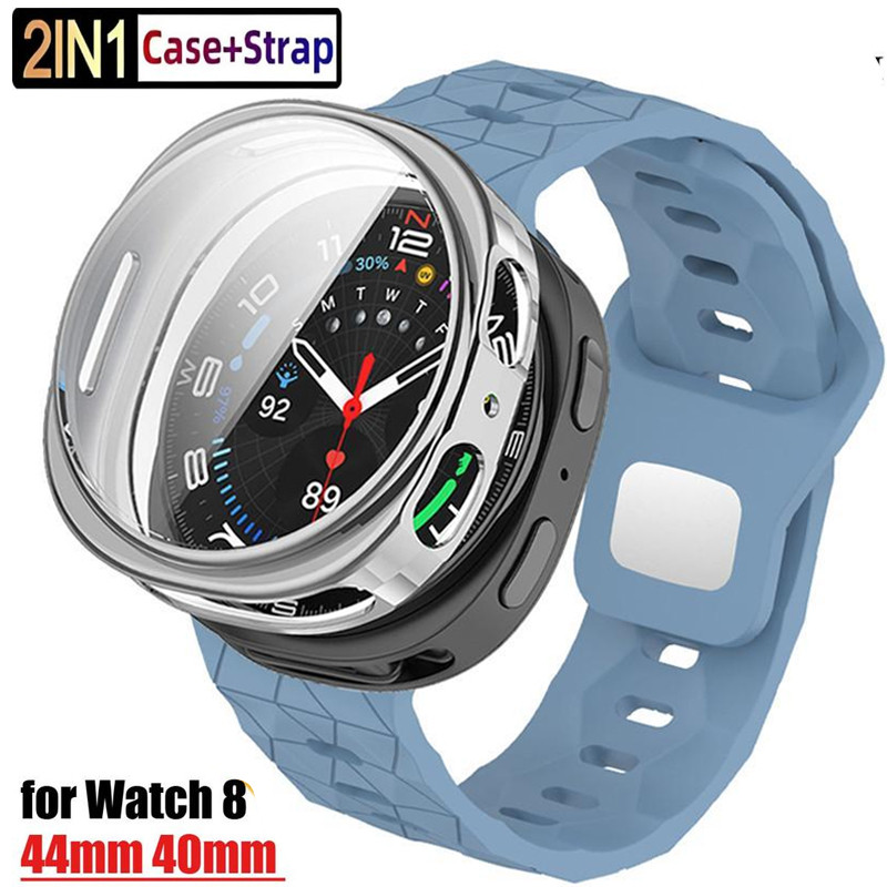 แก้ว + สายคล้องสําหรับ samsung galaxy watch 8 40MM 44mm Breathabl สร้อยข้อมือซิลิโคน band PC Hard ฝาครอบป้องกัน Smartwatch