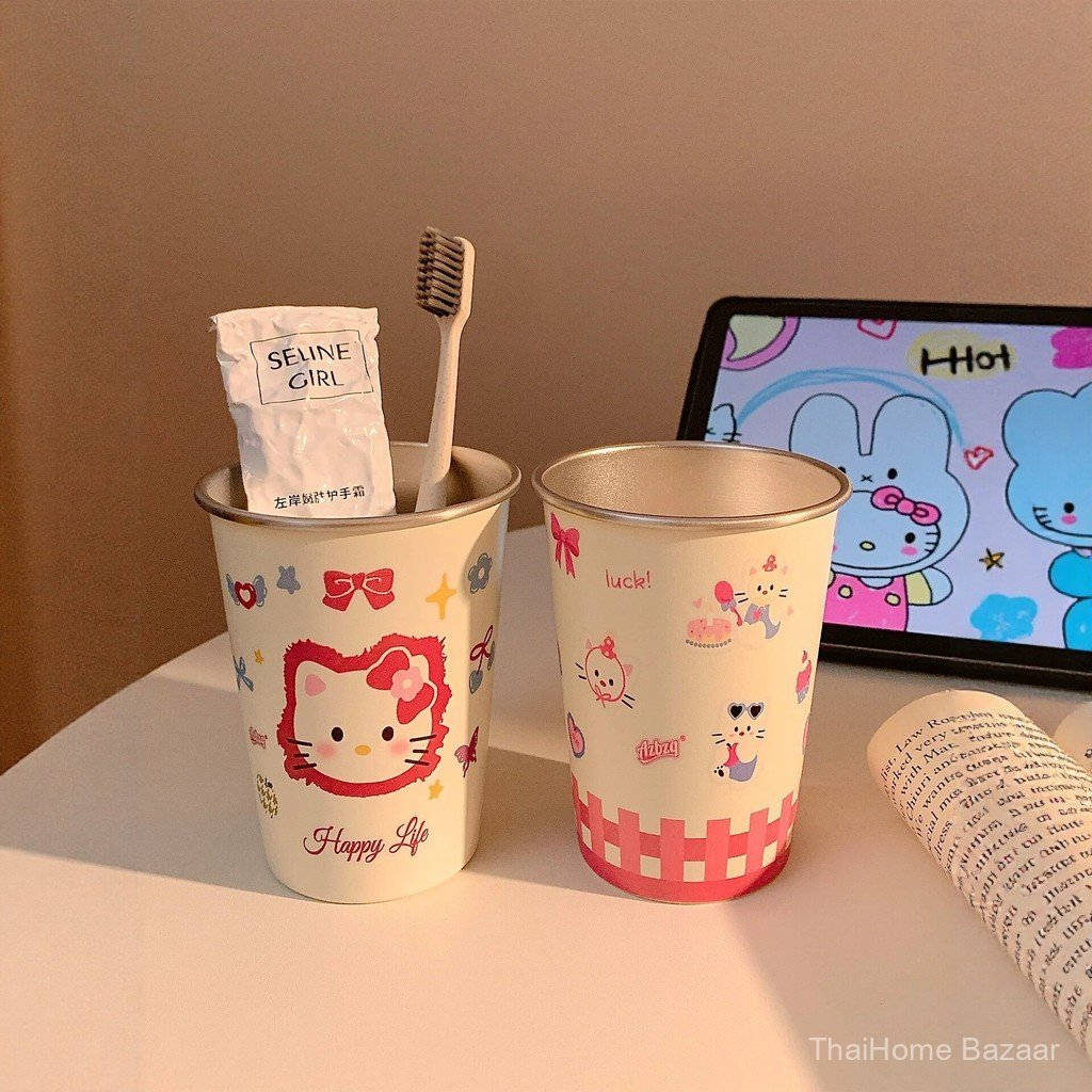 ถ้วยใส่แปรงสีฟันสแตนเลส 304 - ลาย Kitty น่ารัก - สำหรับใช้ในบ้าน - ถ้วยล้างแปรงสีฟันสำหรับเด็ก