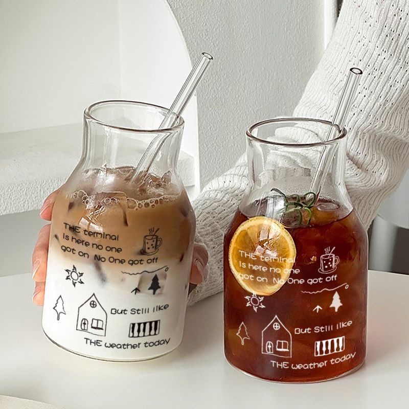 推荐家用涂鸦水杯杯子耐热夏季茶杯果汁大容量牛奶咖啡吸管玻璃杯2648 Recommended household graffiti water cup, heat-resistant summer tea cup, large-capacity juice, milk, coffee glass cup with straw 2648
