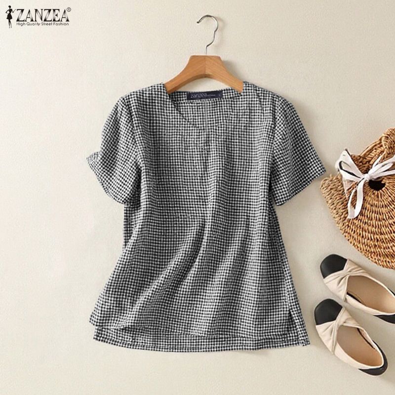 ZANZEA สไตล์เกาหลีวินเทจ สำหรับผู้หญิง ลายตารางหมากฮอส แขนสั้น ทรงหลวม — صورة 4
